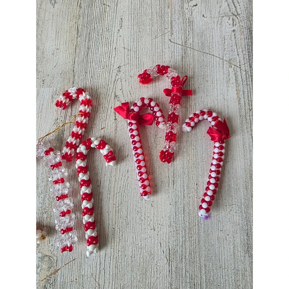Vintage beaded candy cane ornament red white Xmas tree